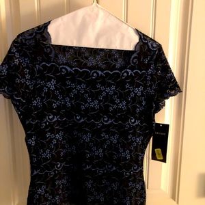 Karen Kane Dressy Lacey Top - Black with Blue floral accents.